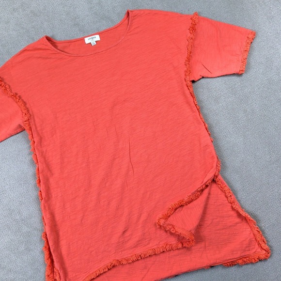 Umgee Tunic Top Womens Small Coral Orange Frayed Fringe Trim Short Sleeve B8017 — photo 2